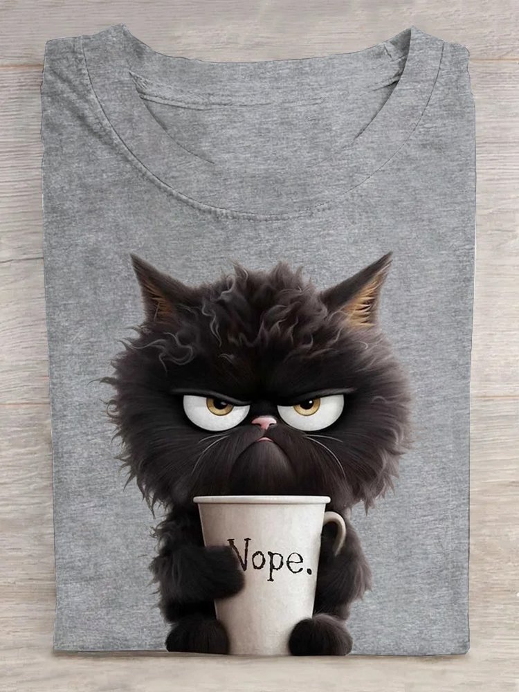 Loose Crew Neck Cat Casual T-Shirt