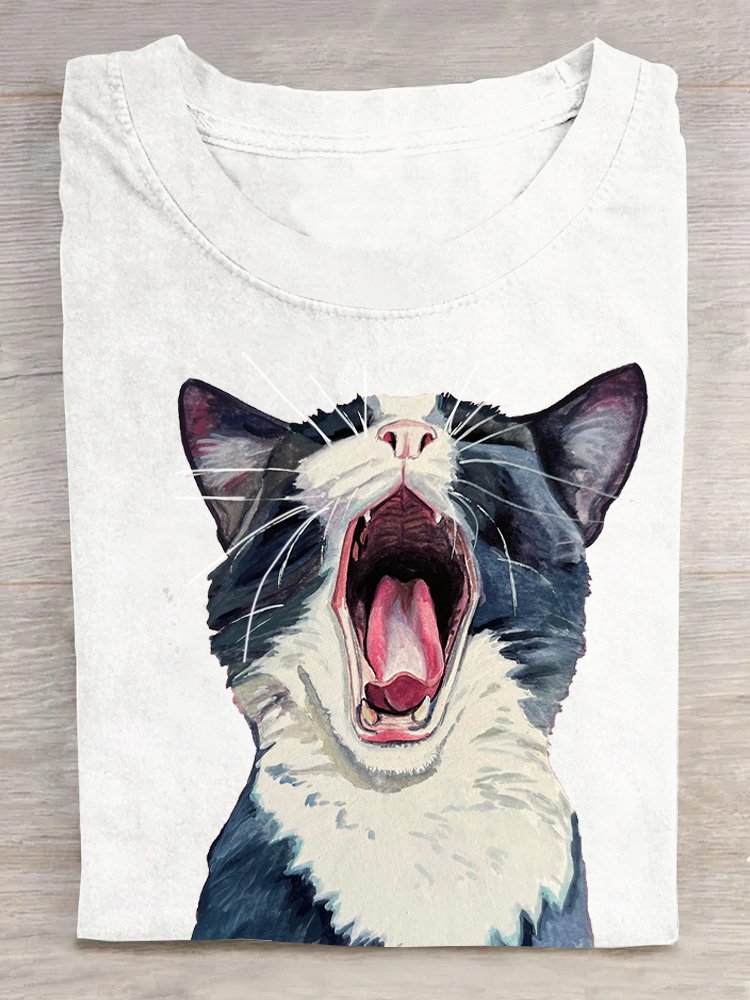 Loose Casual Cat Crew Neck T-Shirt