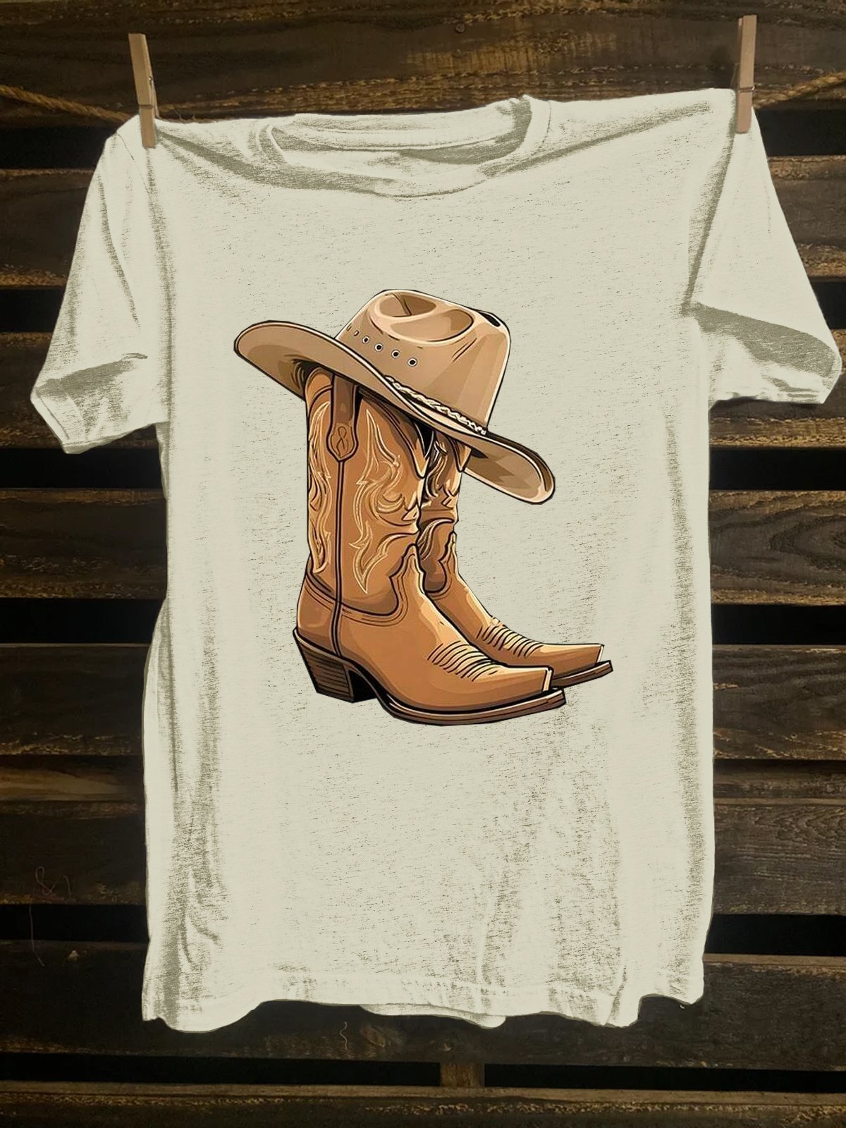 Women's Short Sleeve Cowboy Boots And Hat Monogram Print T-Shirt Casual Short Sleeve Crew