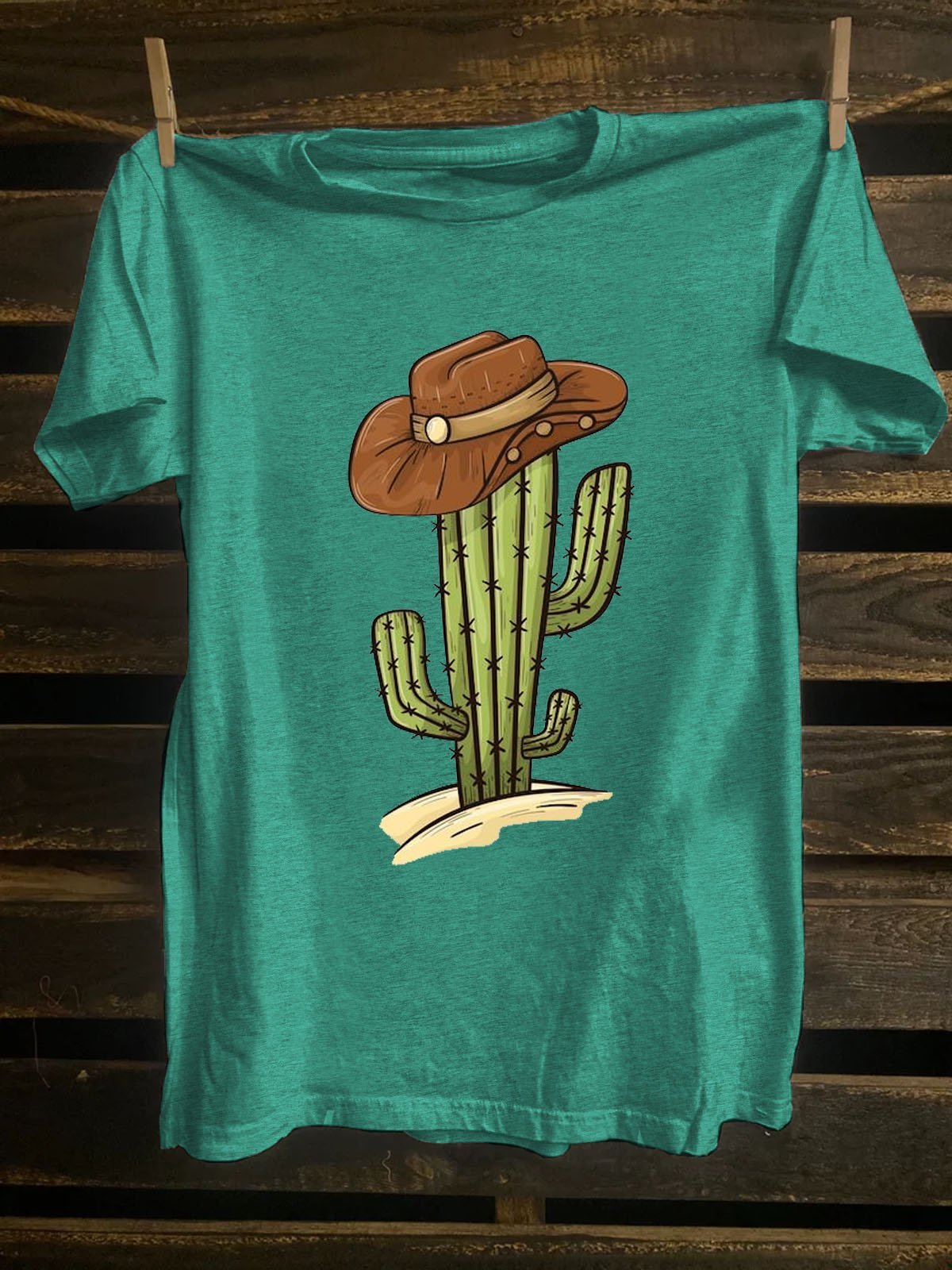 Western Style Crew Neck Cactus Printed T-Shirt