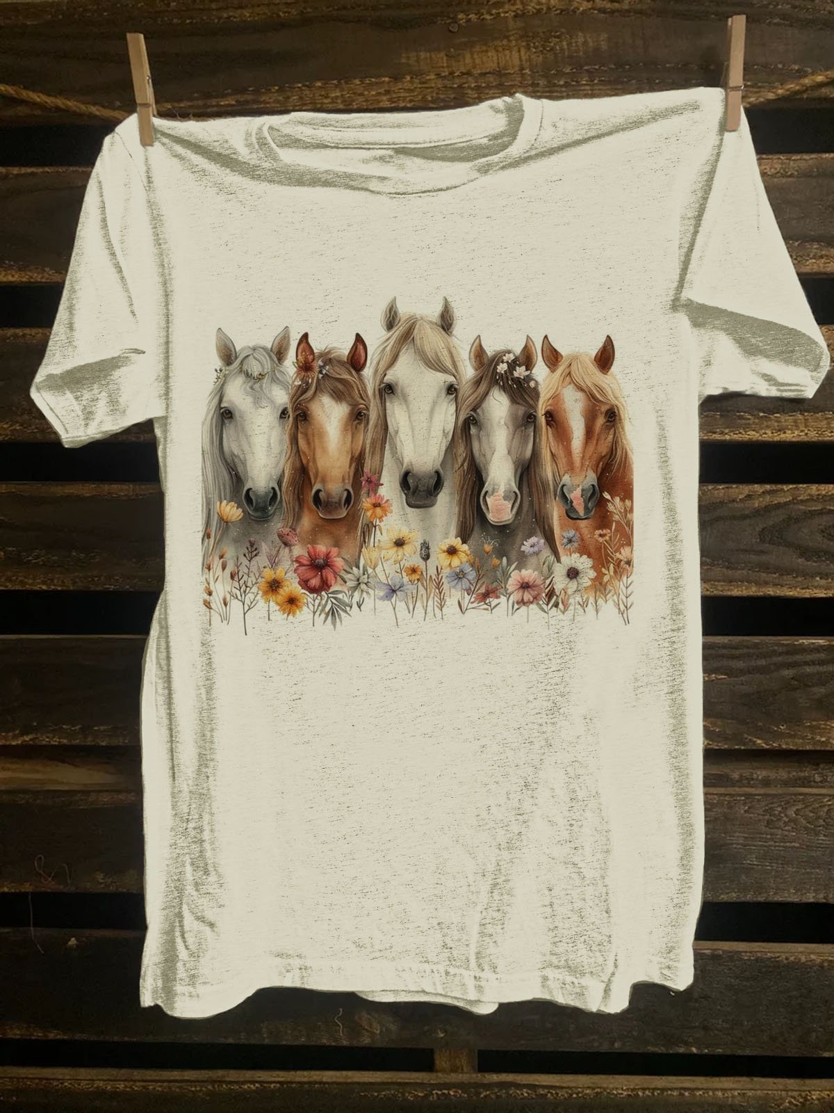 Floral & Horse Printed Western Style T-Shirt