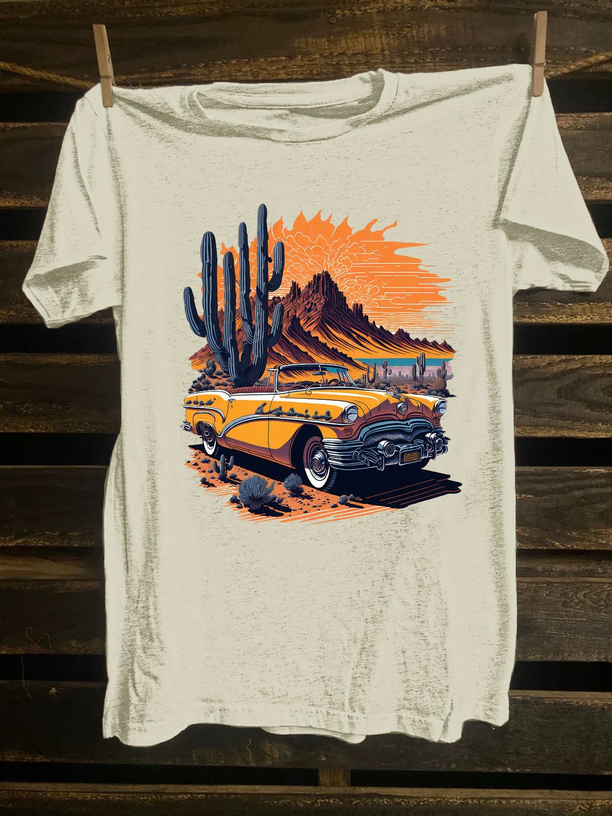 Cactus &Car Printed Western Style Loose Crew Neck T-Shirt