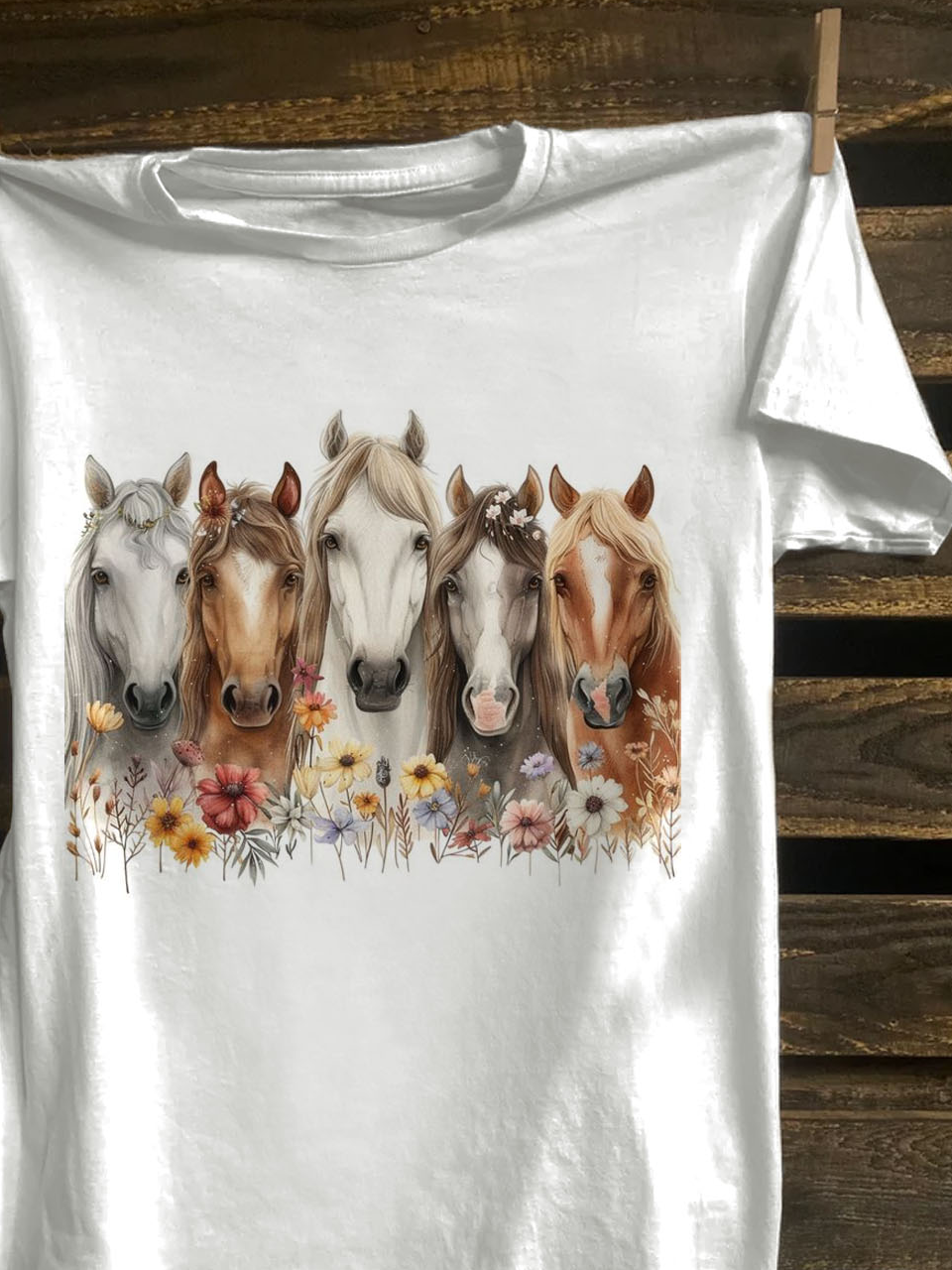 Floral & Horse Printed Western Style T-Shirt