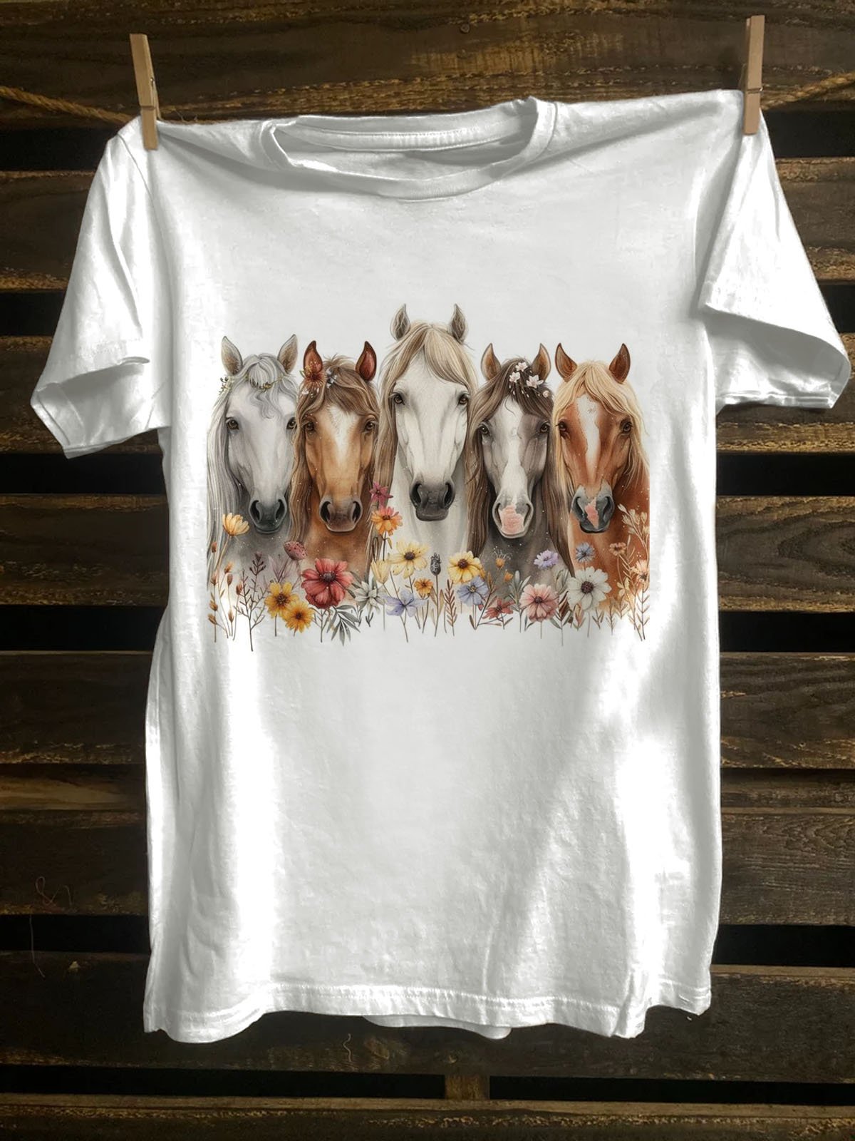 Floral & Horse Printed Western Style T-Shirt