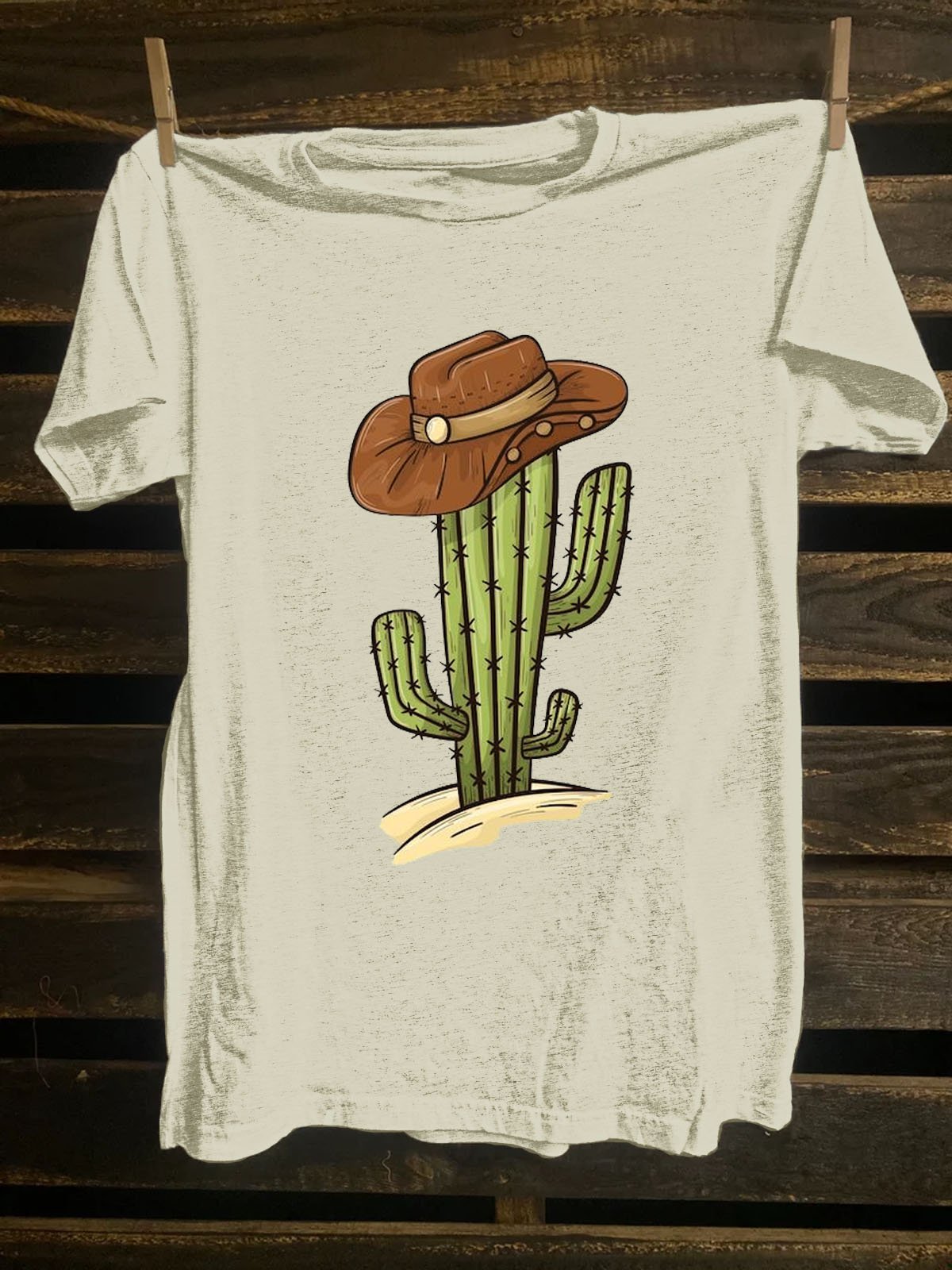 Western Style Crew Neck Cactus Printed T-Shirt