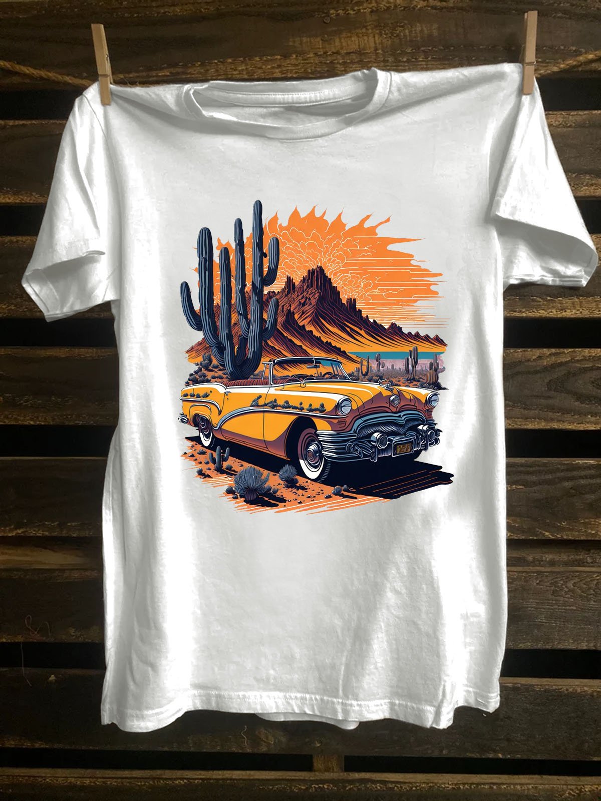 Cactus &Car Printed Western Style Loose Crew Neck T-Shirt