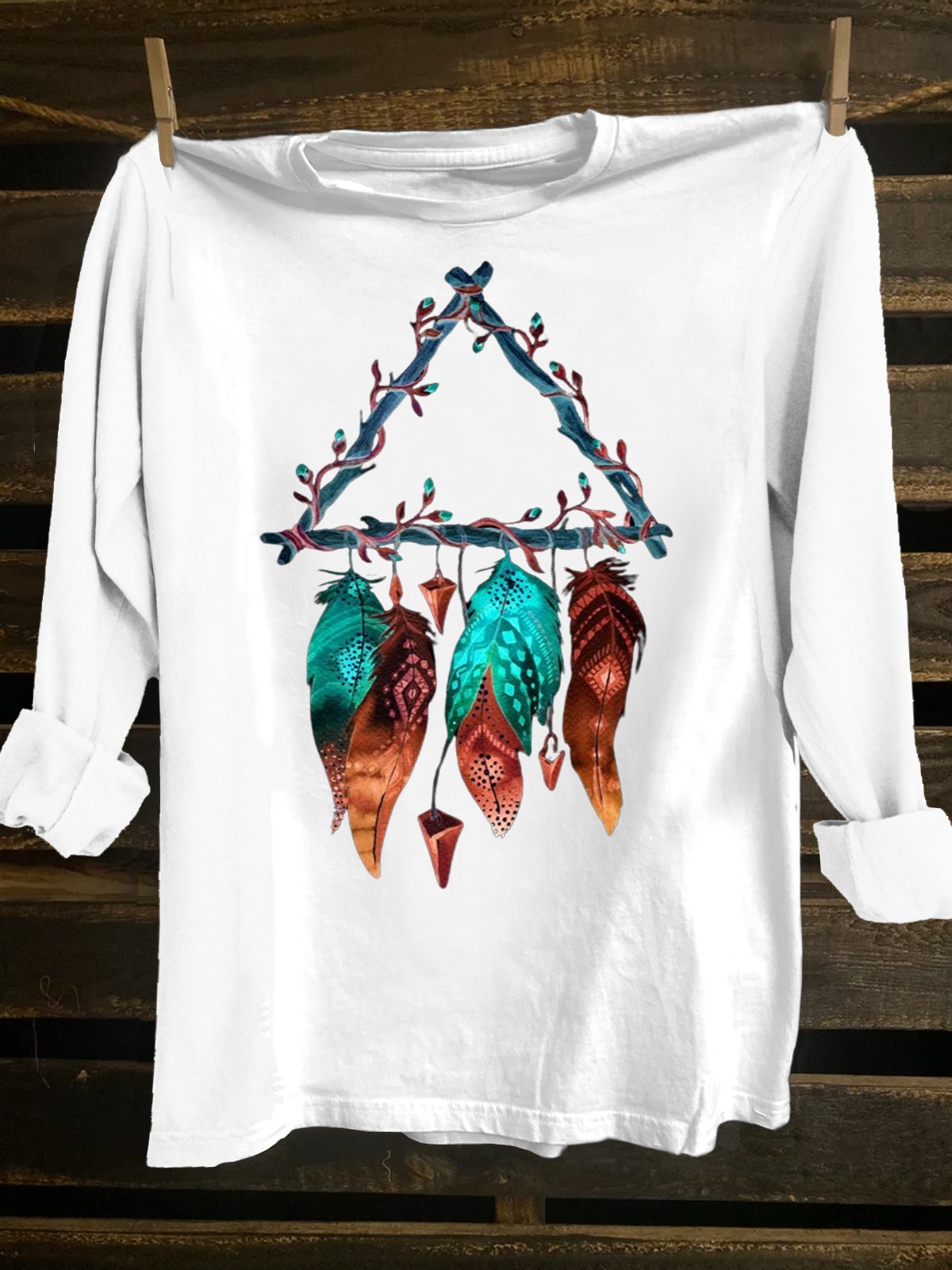 Cotton-Blend Crew Neck Feather Pattern Western Style T-Shirt