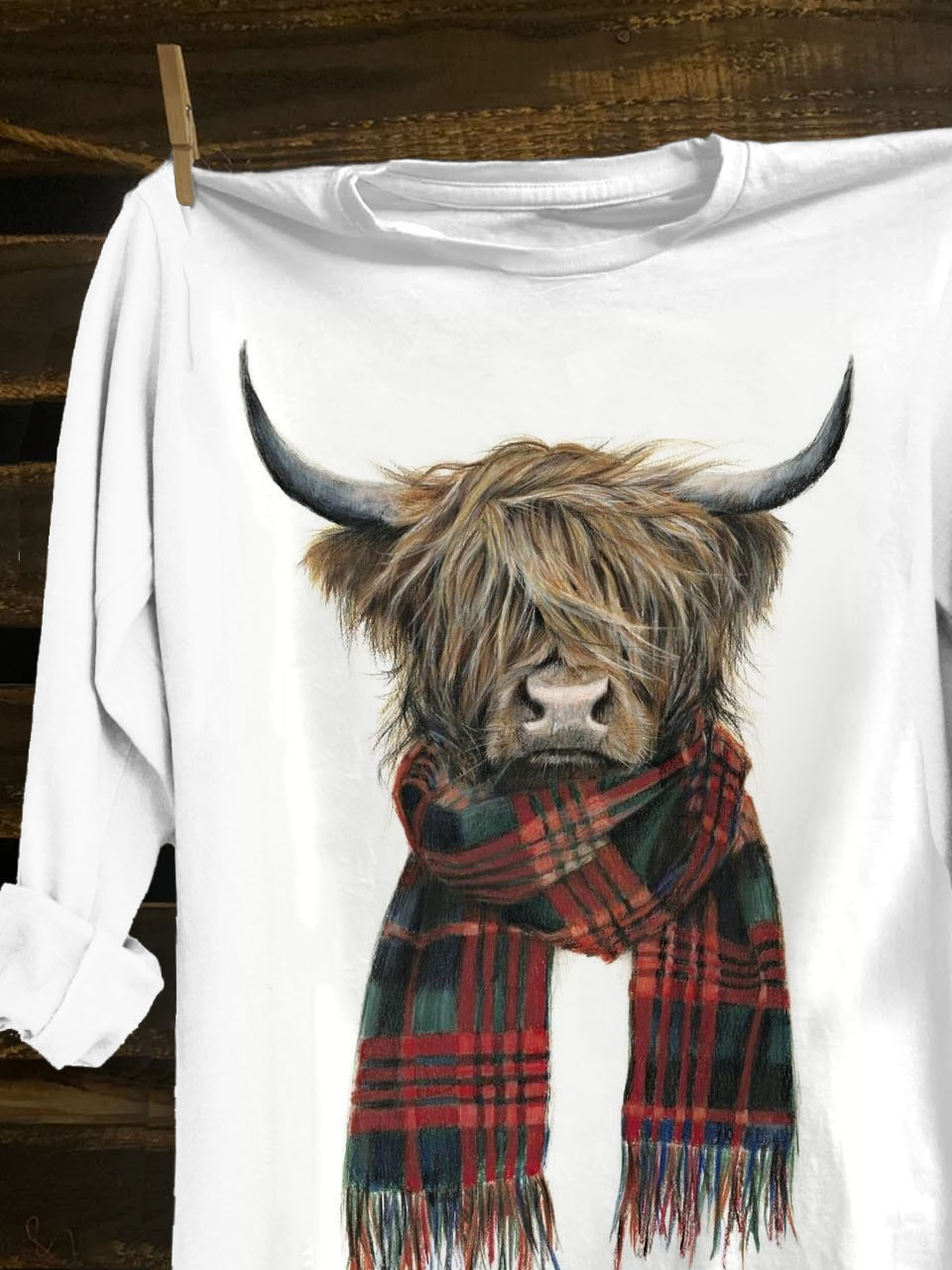 Funny Cattle Printed Crew Neck Long Sleeve Western Style T-Shirt