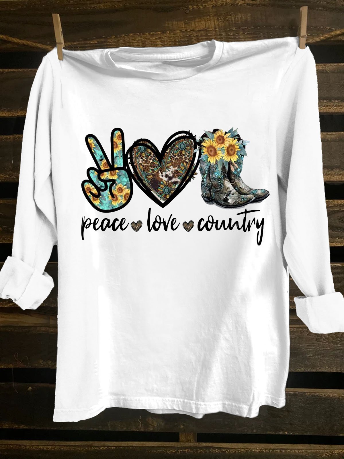 Western Style Crew Neck Floral Text Letters Long Sleeve T-Shirt