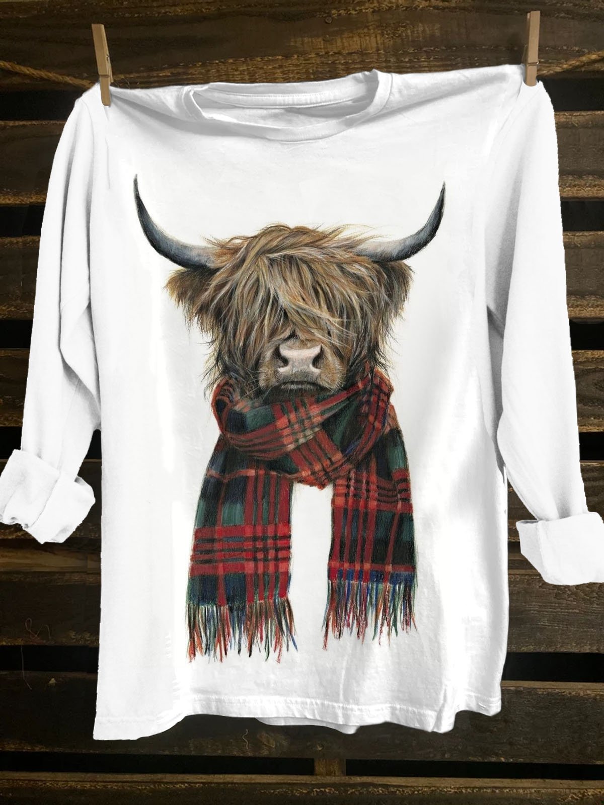 Funny Cattle Printed Crew Neck Long Sleeve Western Style T-Shirt