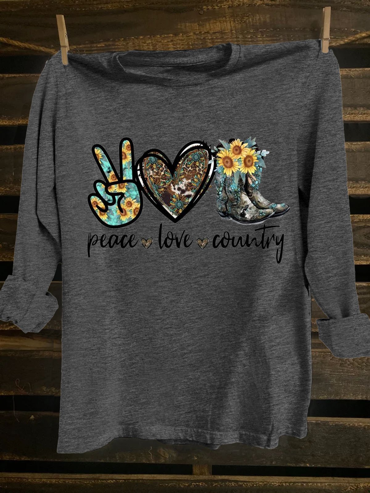 Western Style Crew Neck Floral Text Letters Long Sleeve T-Shirt