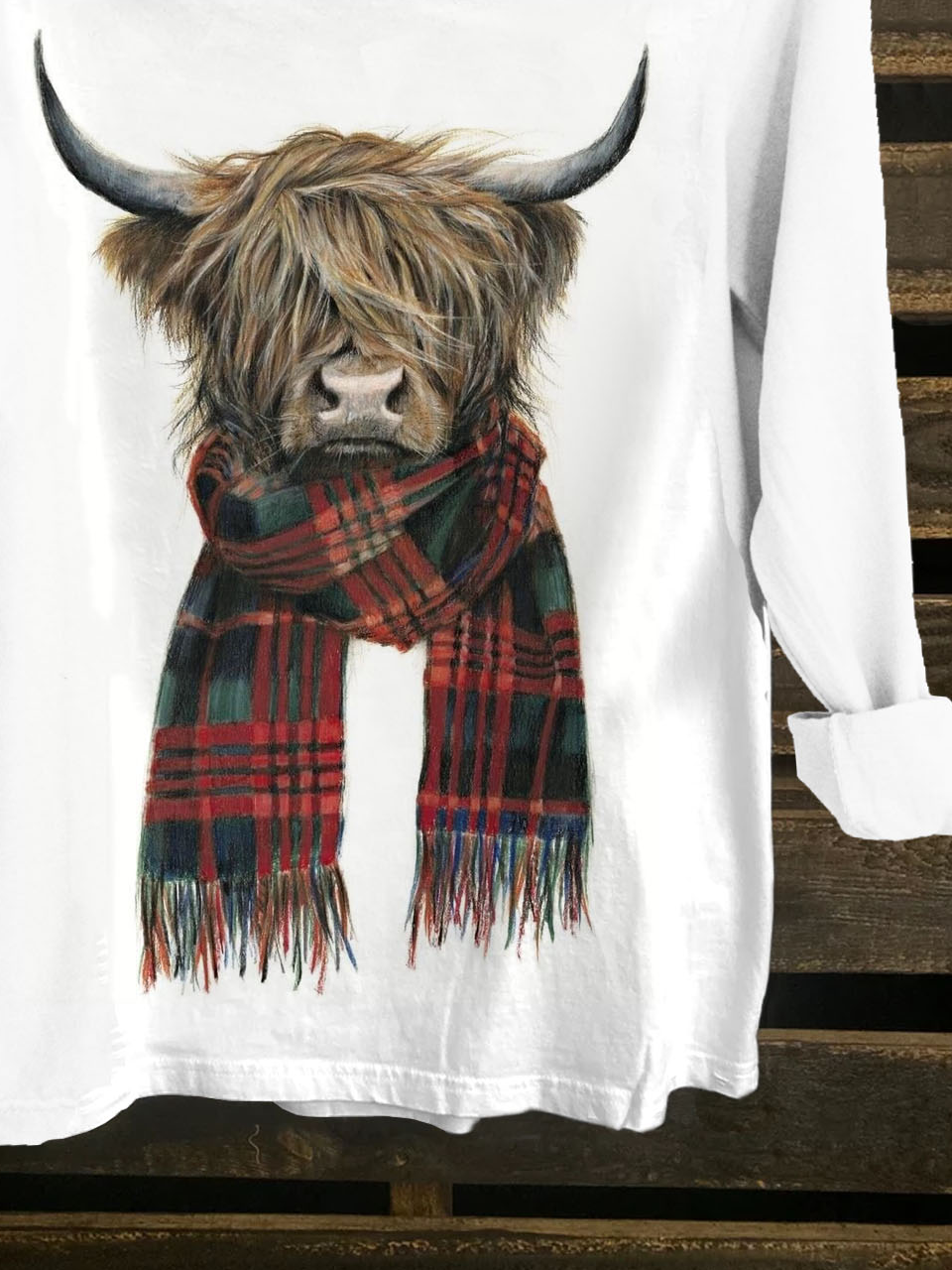 Funny Cattle Printed Crew Neck Long Sleeve Western Style T-Shirt