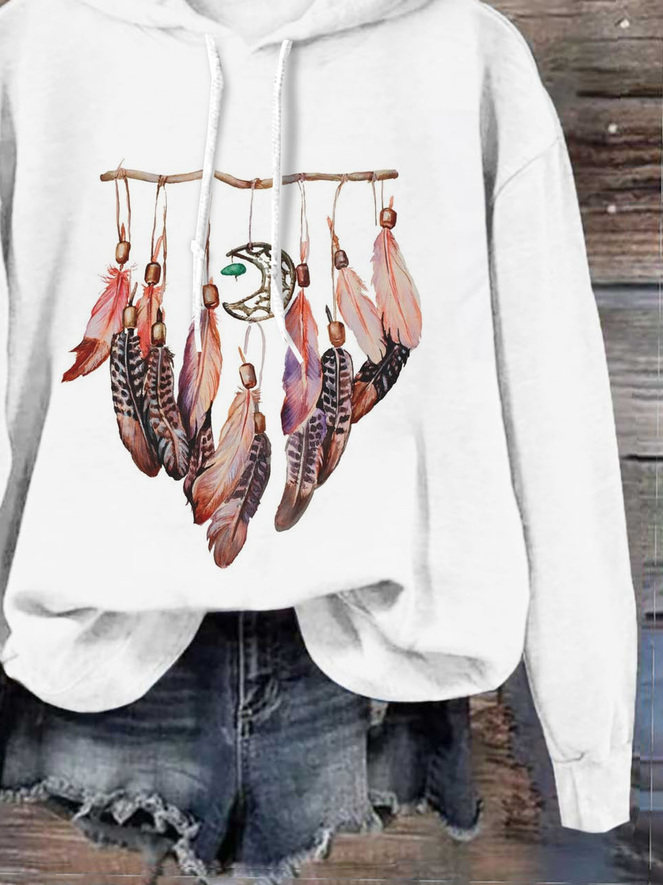 Loose Western Style Feather Pattern Hoodie Hoodie