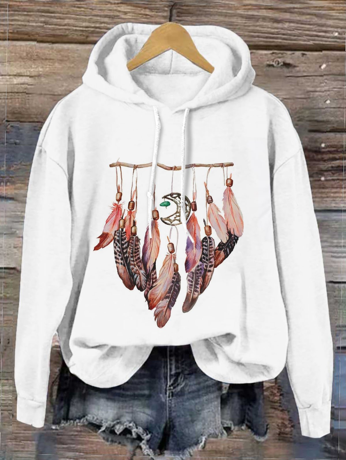 Loose Western Style Feather Pattern Hoodie Hoodie