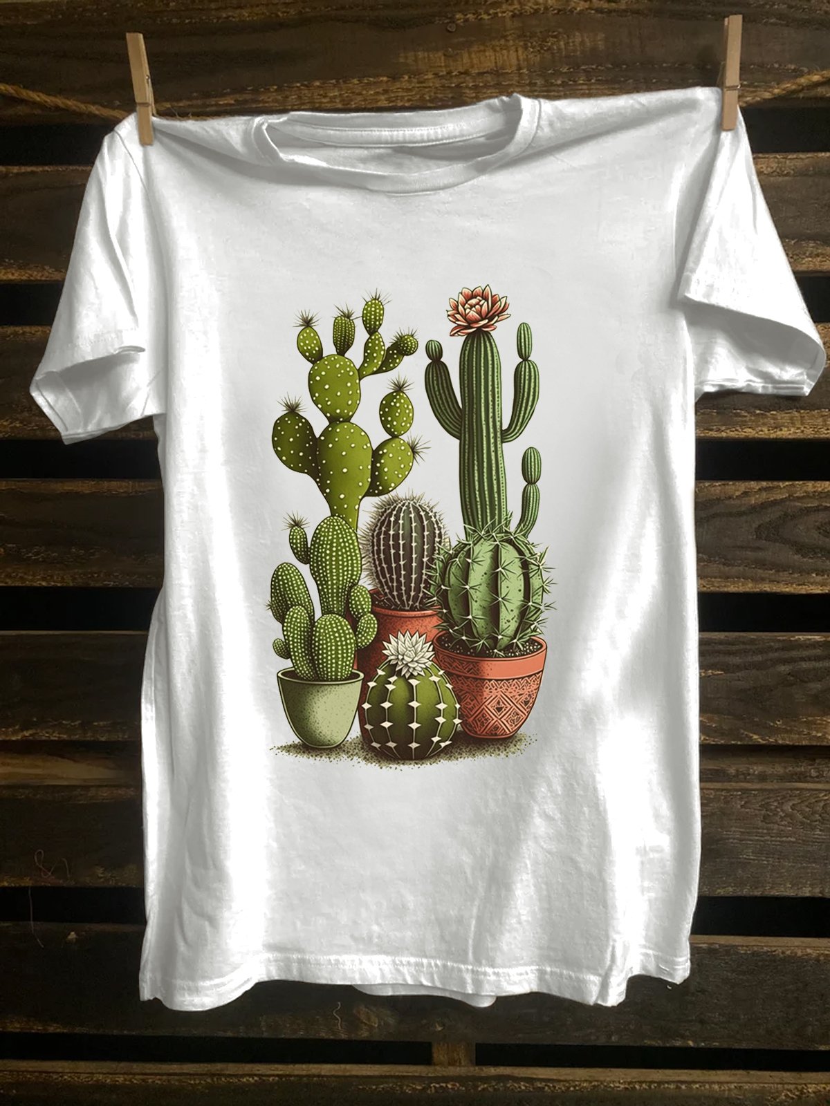 Western Style Crew Neck Cotton-Blend Cactus T-Shirt