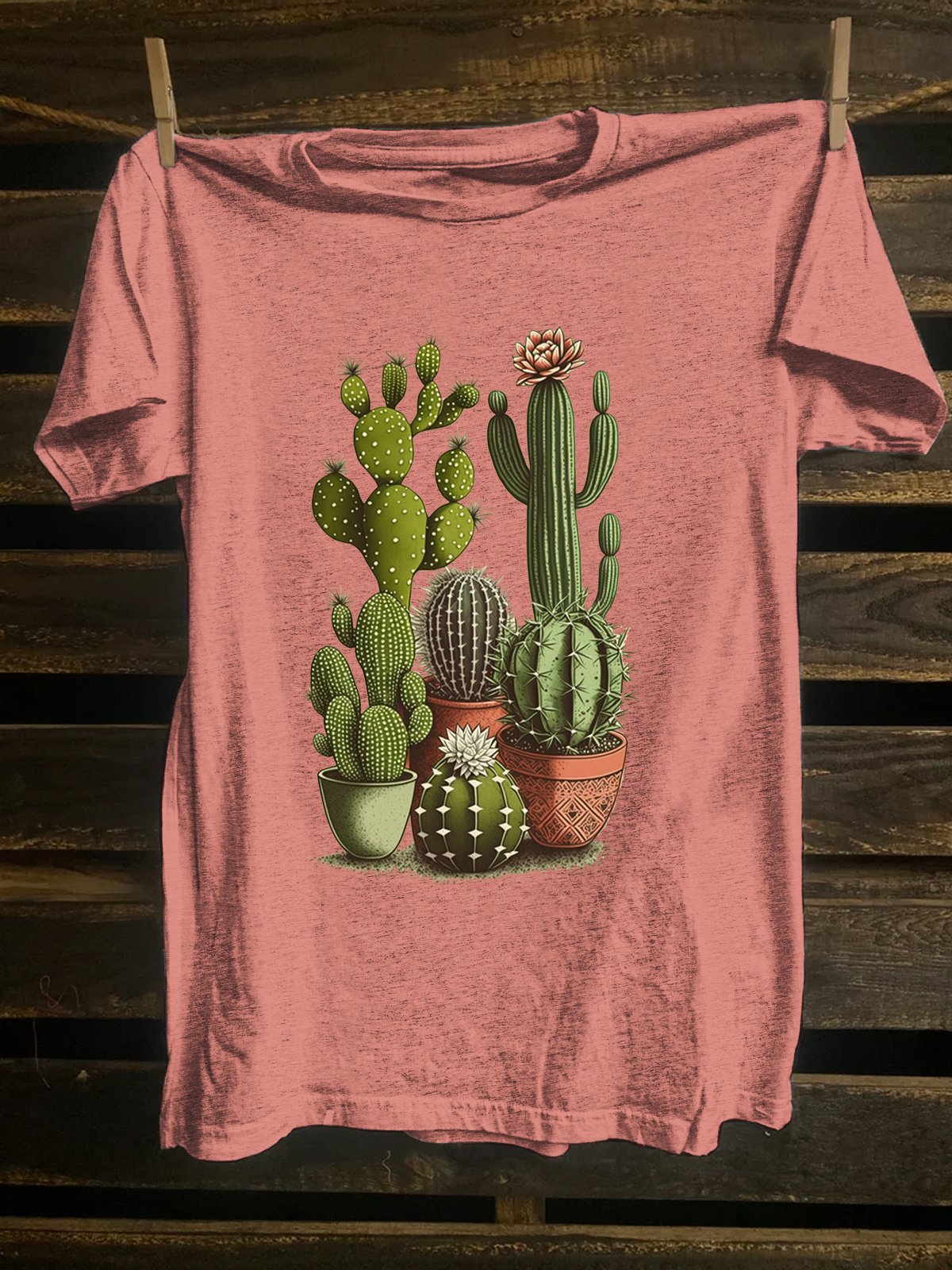 Western Style Crew Neck Cotton-Blend Cactus T-Shirt