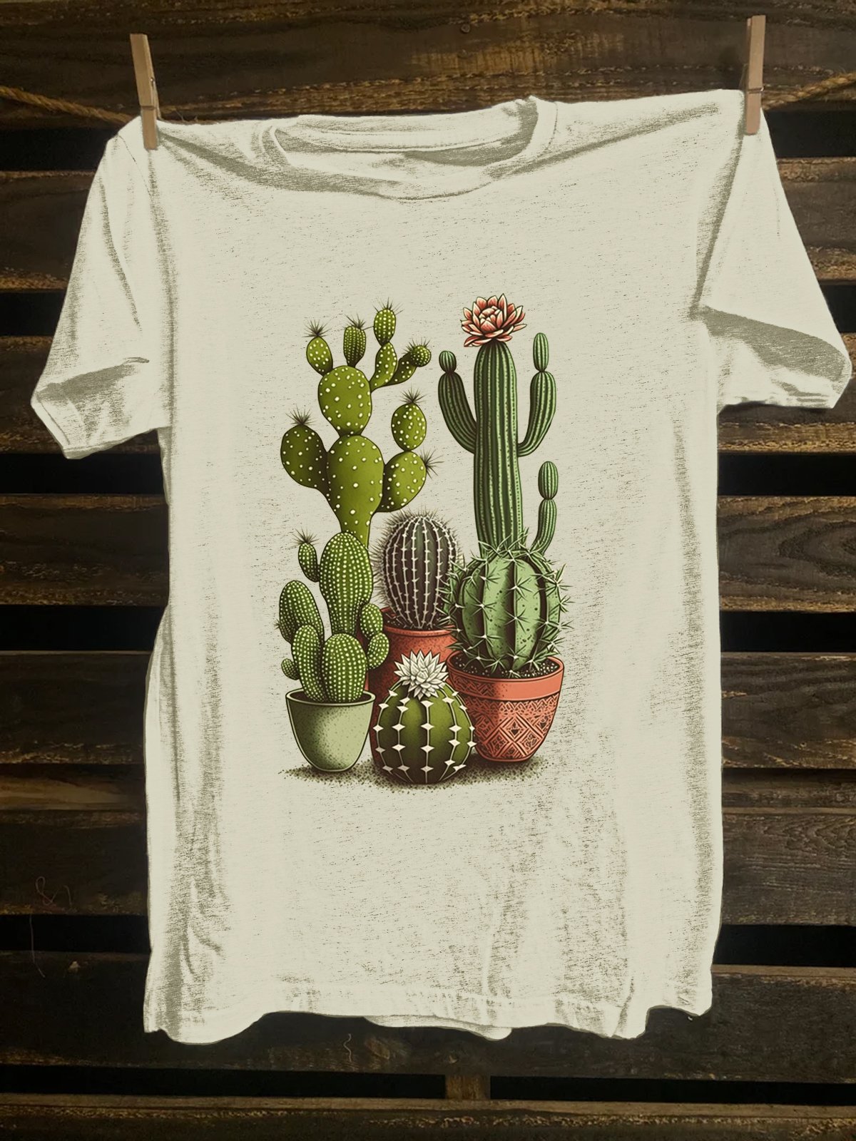 Western Style Crew Neck Cotton-Blend Cactus T-Shirt