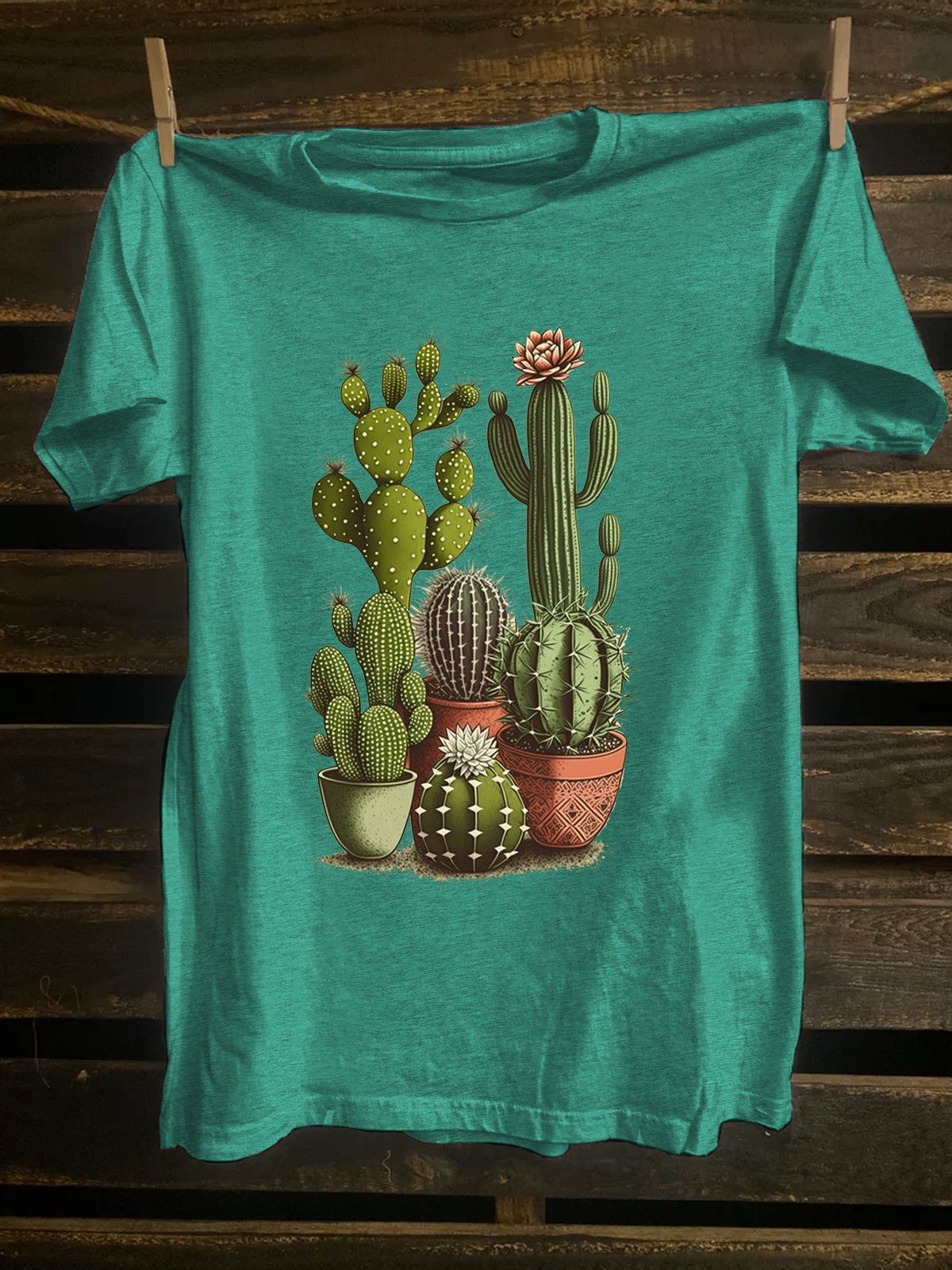 Western Style Crew Neck Cotton-Blend Cactus T-Shirt