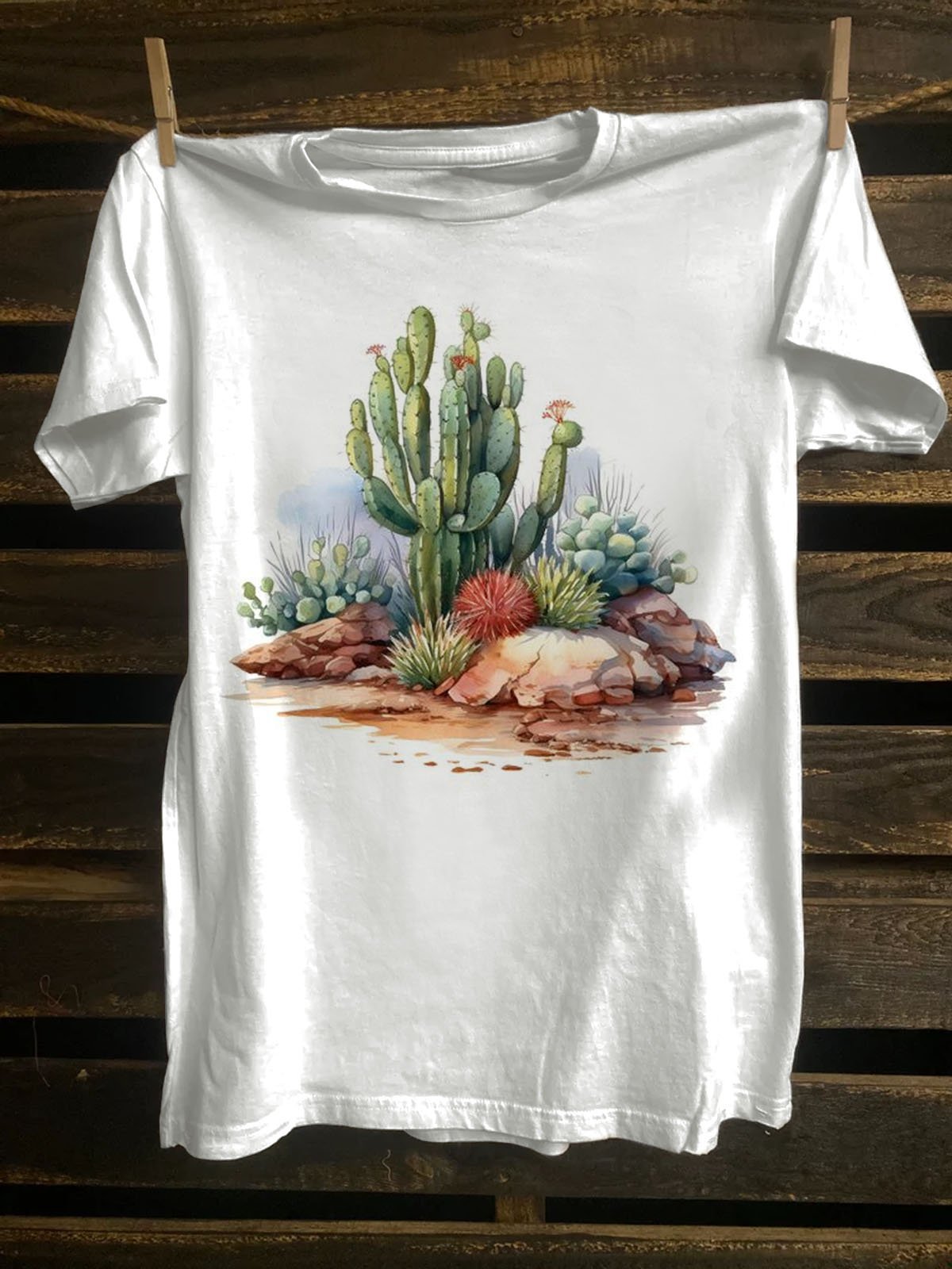 Crew Neck Cactus Cotton-Blend Western Style T-Shirt