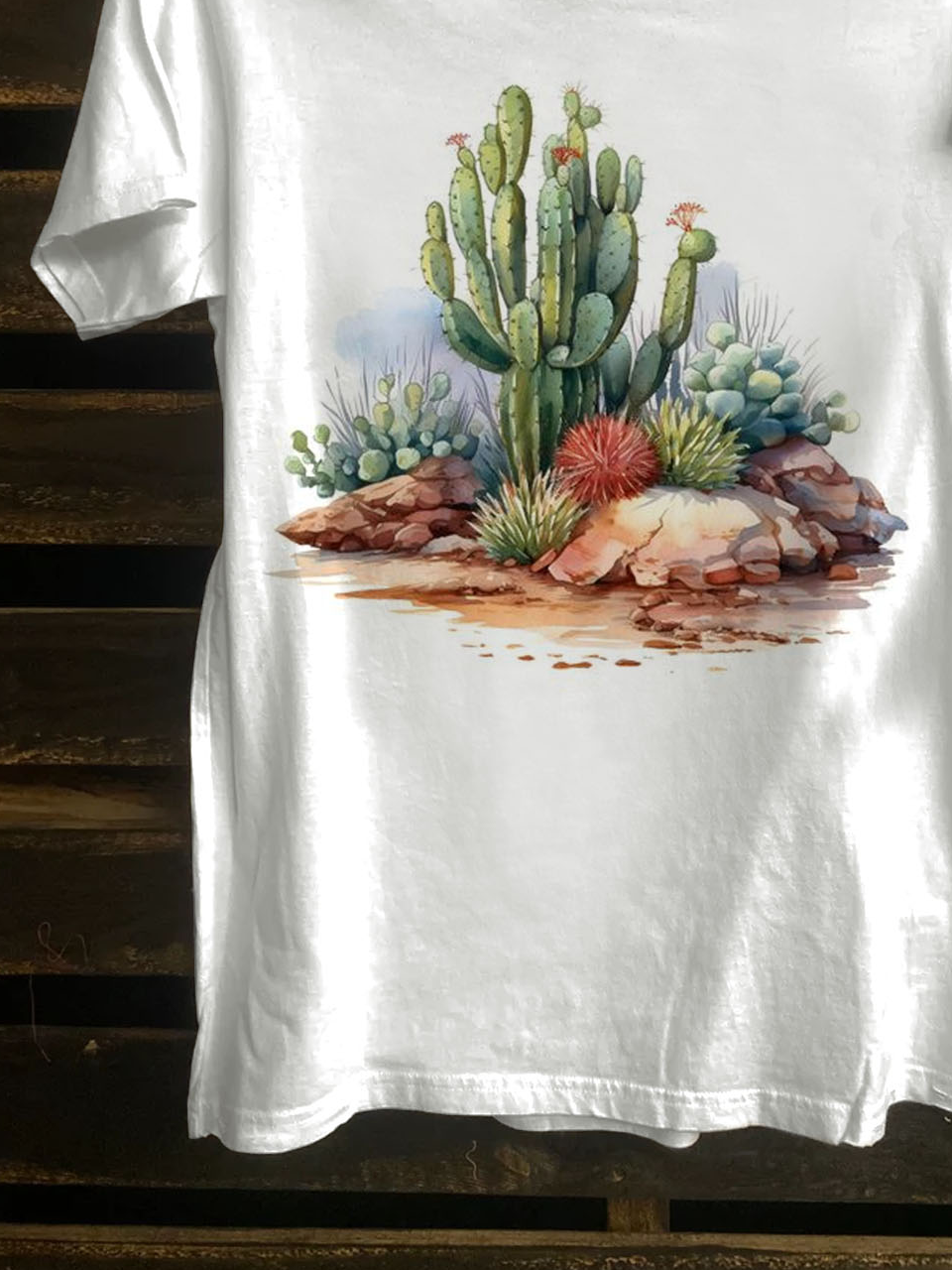 Crew Neck Cactus Cotton-Blend Western Style T-Shirt