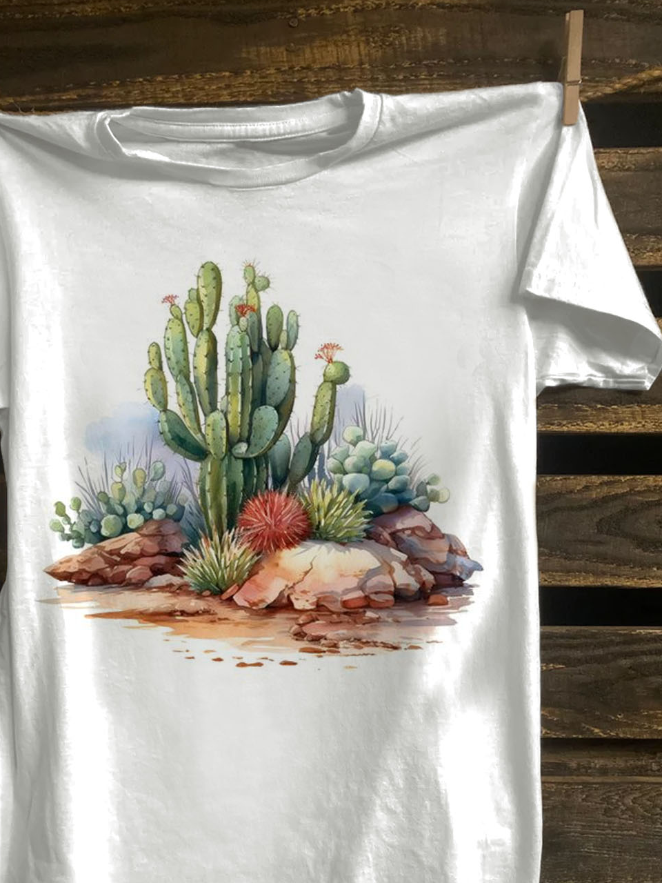 Crew Neck Cactus Cotton-Blend Western Style T-Shirt