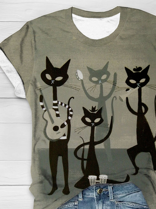 V Neck Casual Cat T-Shirt