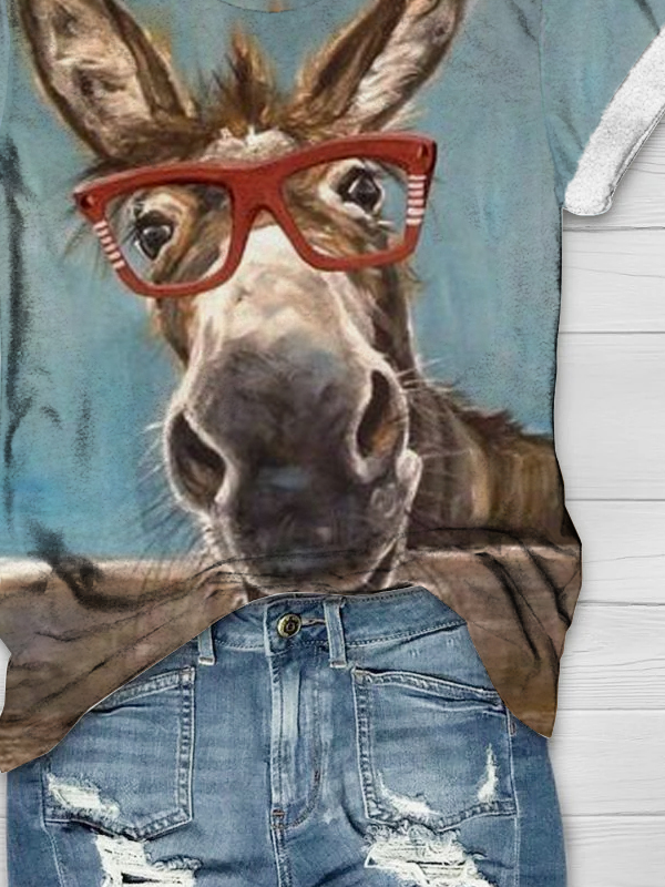 Horse Loose V Neck Casual T-Shirt