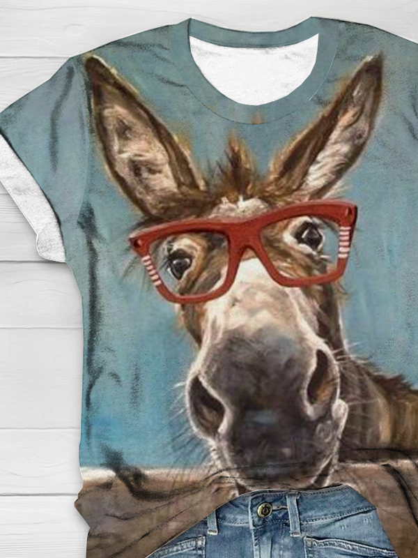 Horse Loose V Neck Casual T-Shirt