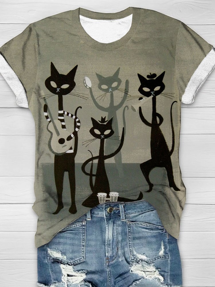 V Neck Casual Cat T-Shirt