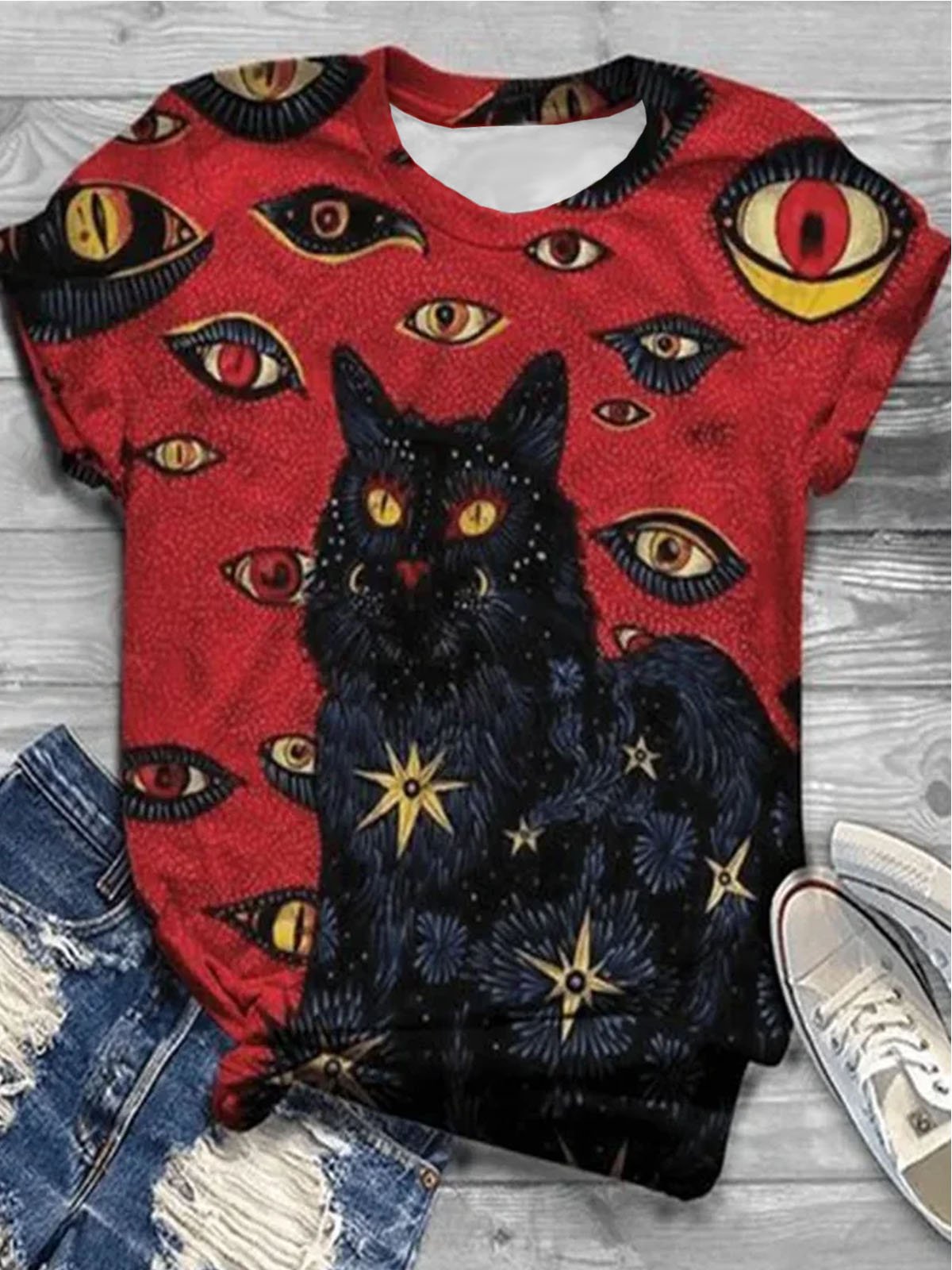 Cat print short sleeved round neck T-shirt