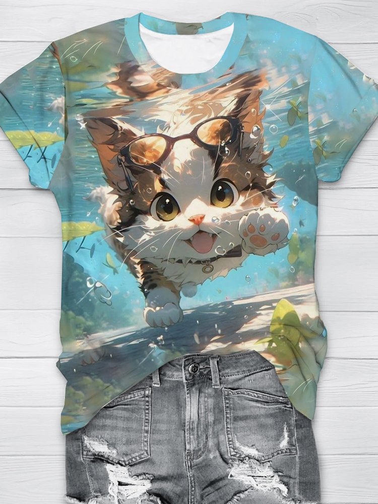 Swinging Cat Crew Neck Casual T-Shirt