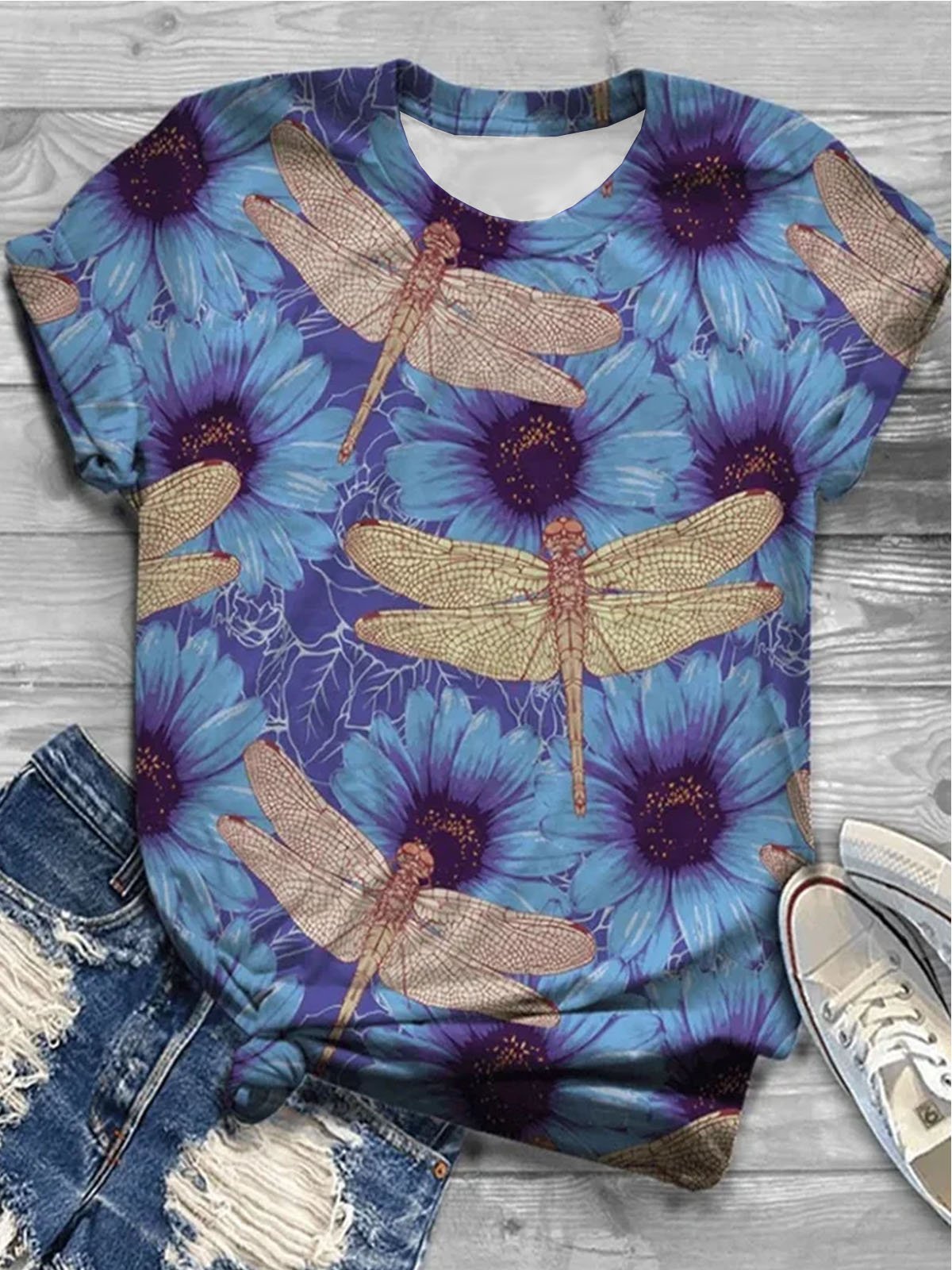 Dragonfly printed short sleeved round neck T-shirt