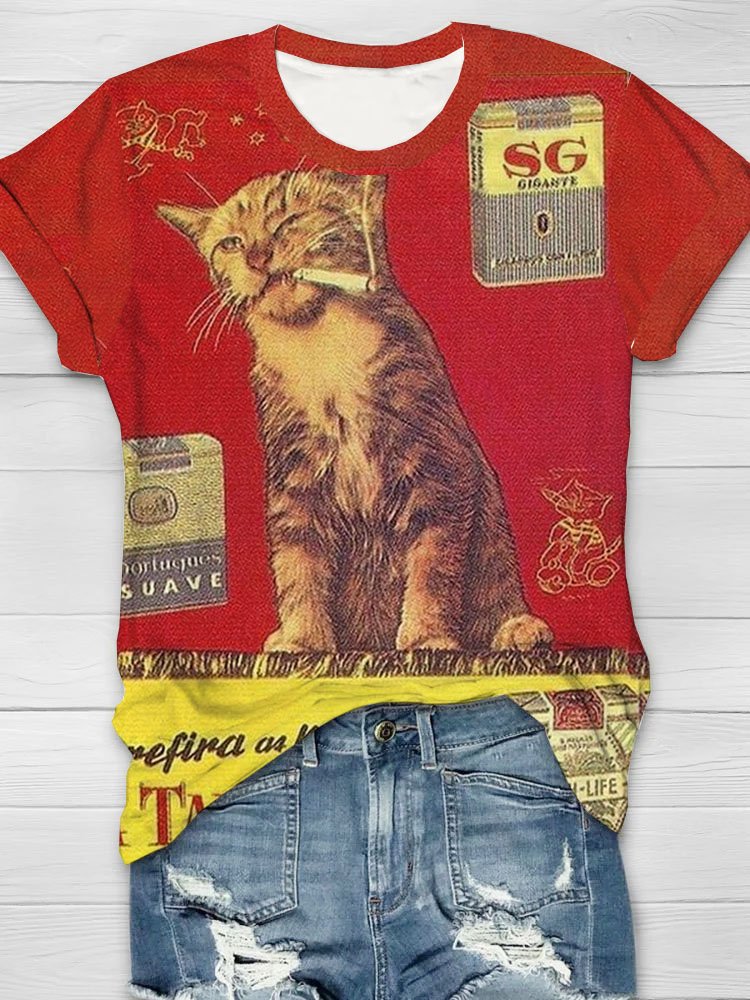 Cat print round neck casual short sleeved T-shirt