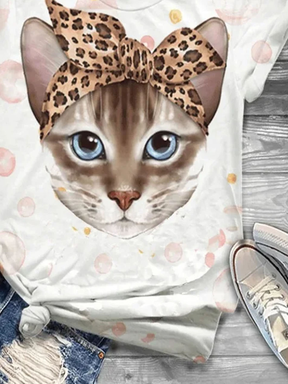 Cat print short sleeved round neck T-shirt