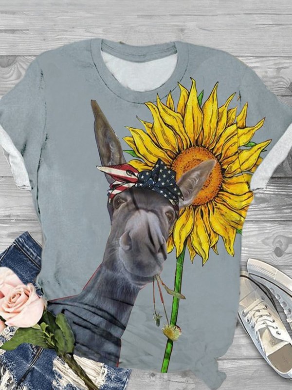 Crew Neck Casual Loose Sunflower T-Shirt