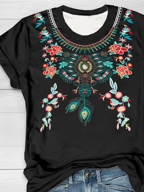 Ethnic pattern printed round neck casual short sleeved T-shirt