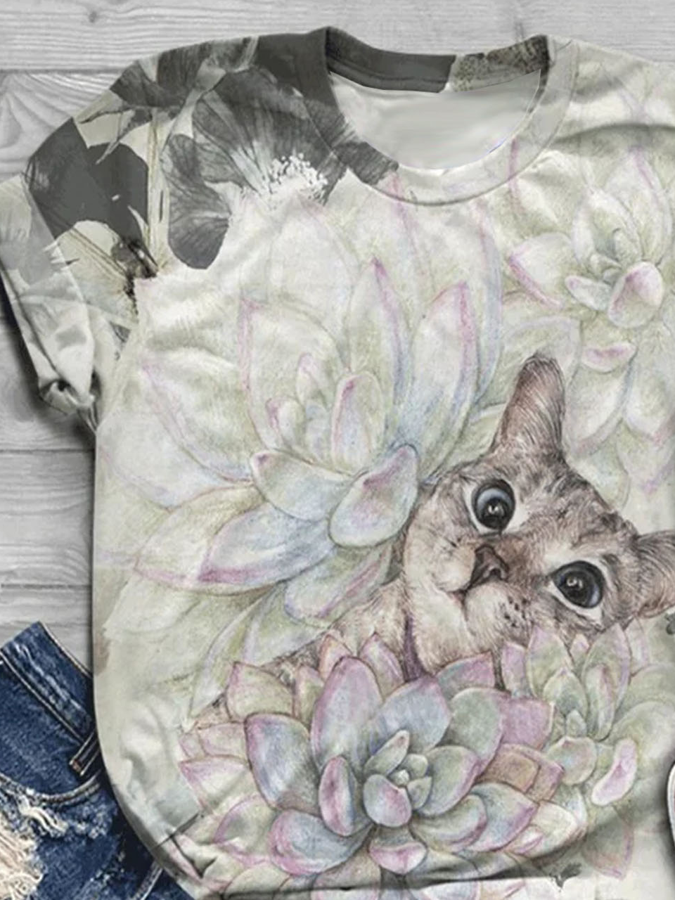 Funny cat print round neck casual short sleeved T-shirt