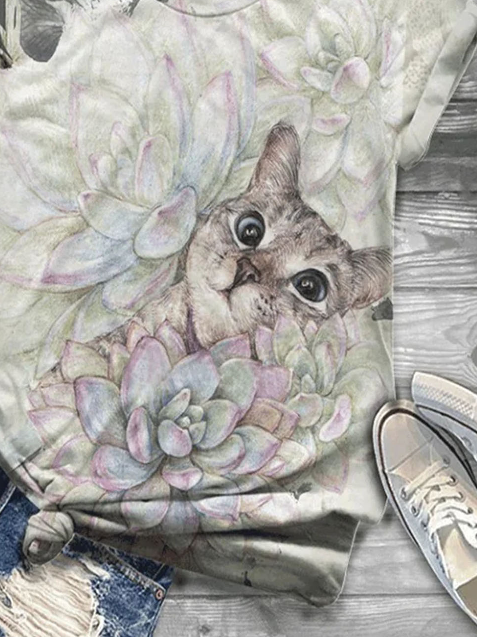 Funny cat print round neck casual short sleeved T-shirt