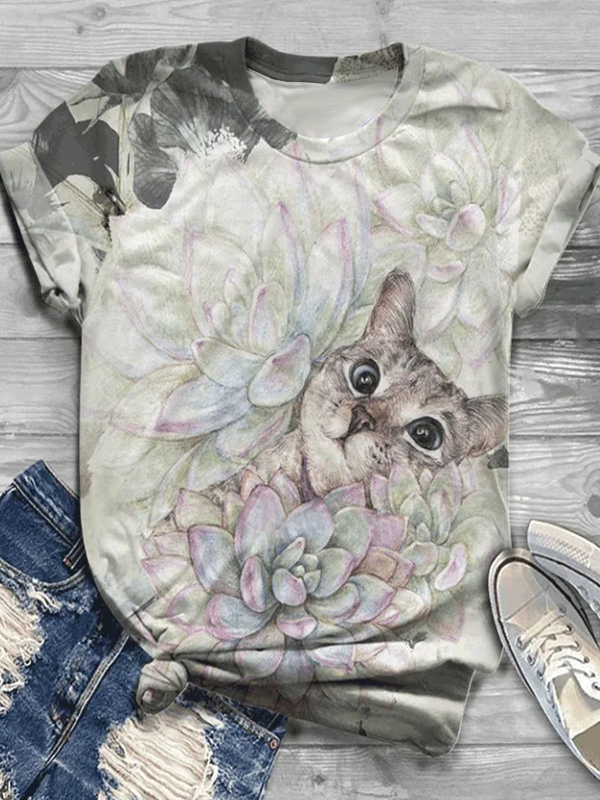 Funny cat print round neck casual short sleeved T-shirt