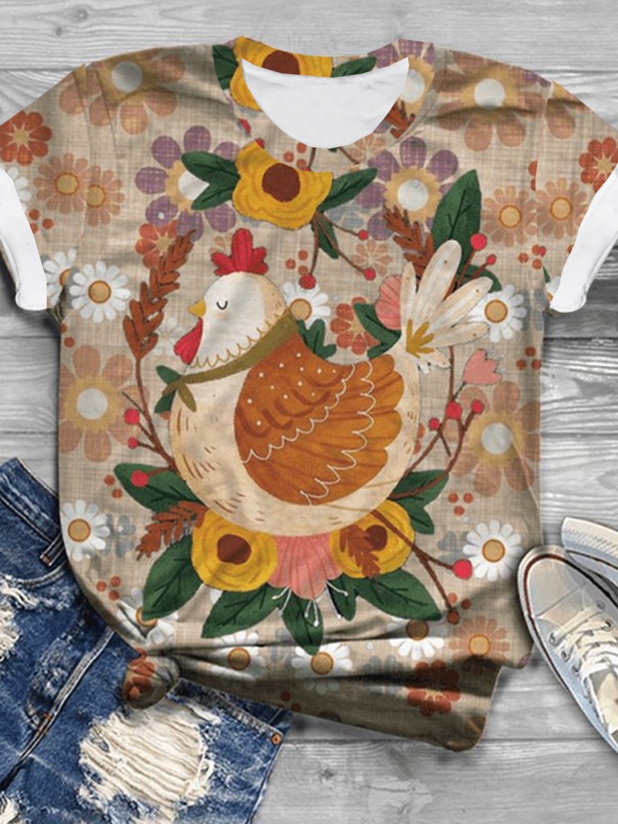 Funny Chicken Floral Casual T-Shirt