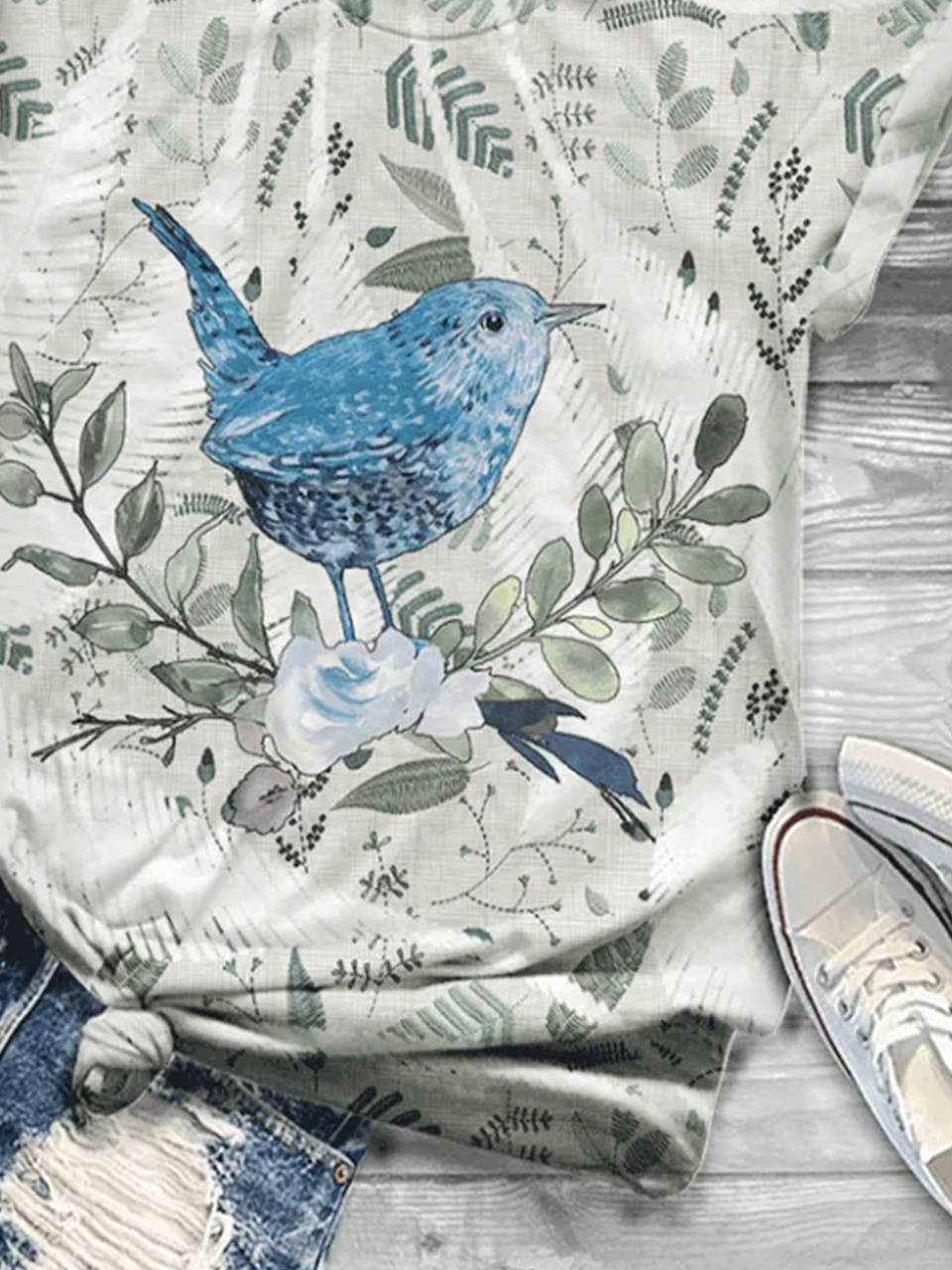 Bird print round neck casual short sleeved T-shirt