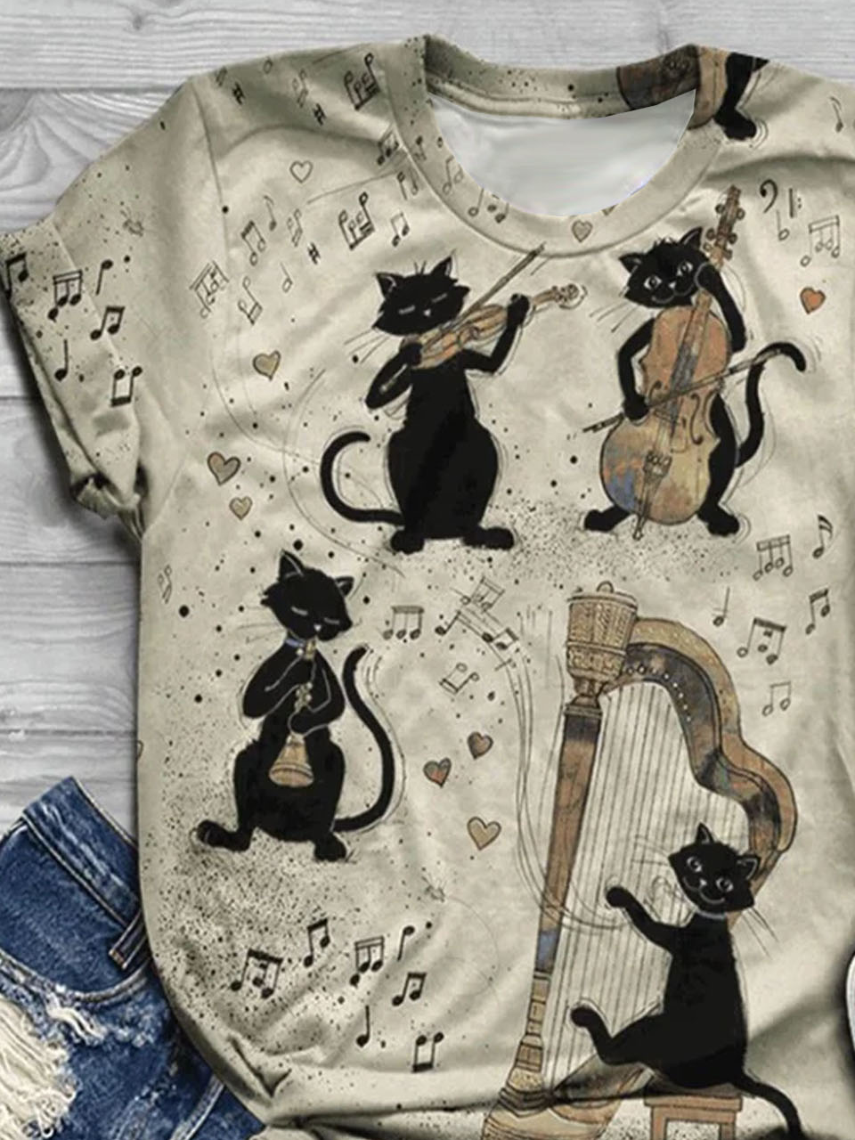 Cat print round neck casual short sleeved T-shirt