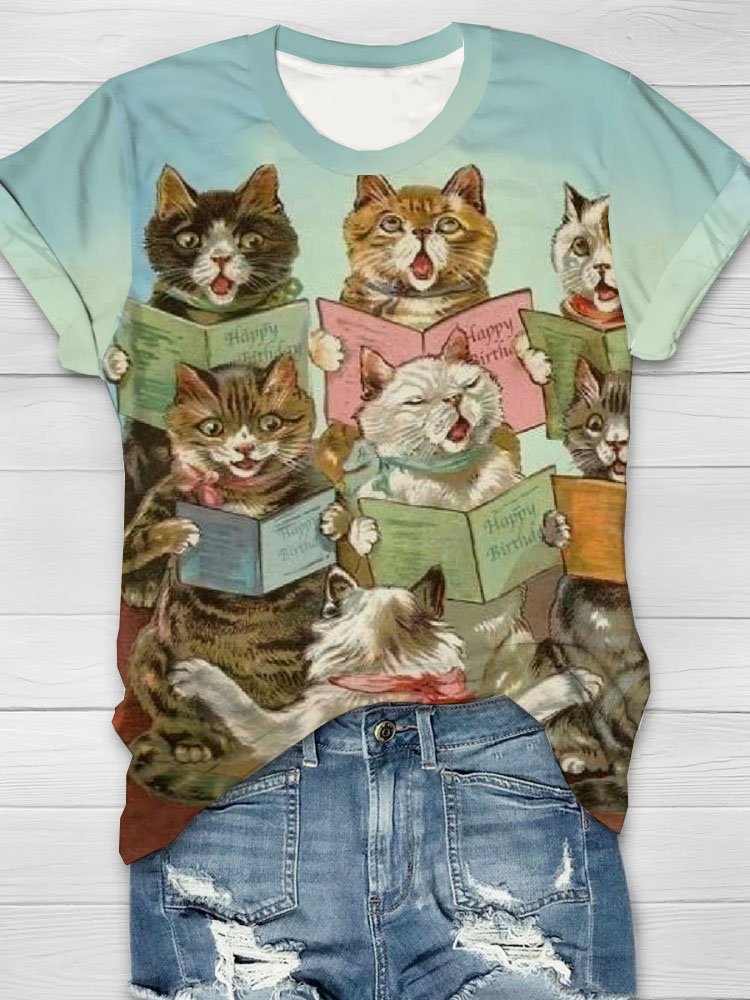 Cat print round neck T-shirt