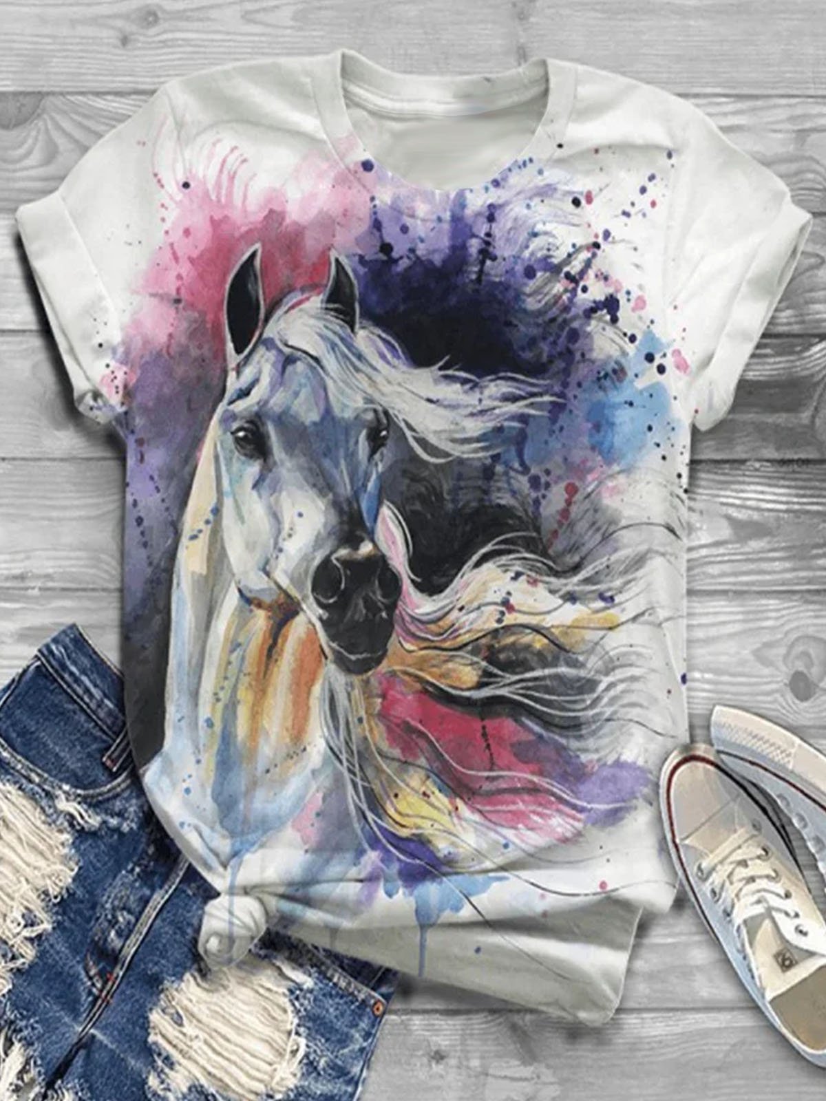 Horse print round neck casual short sleeved T-shirt