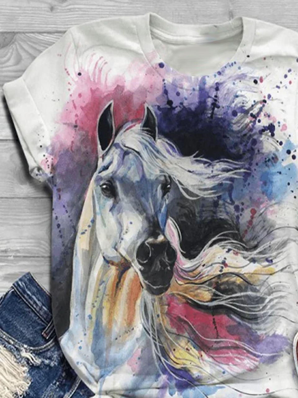 Horse print round neck casual short sleeved T-shirt