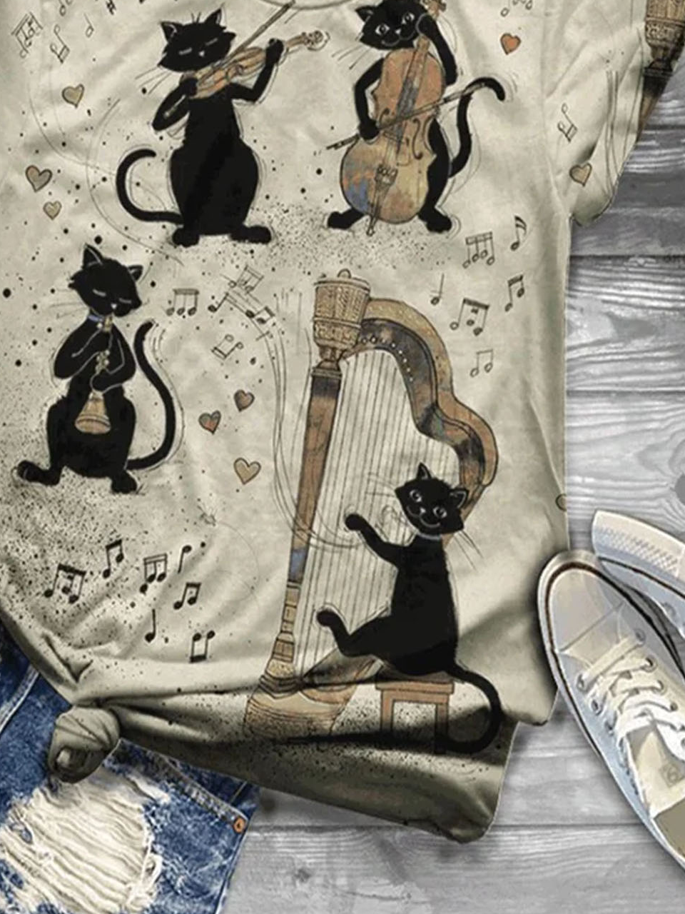 Cat print round neck casual short sleeved T-shirt