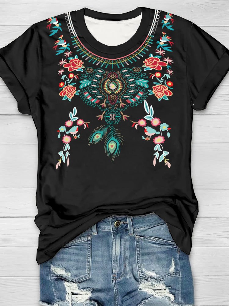 Ethnic pattern printed round neck casual short sleeved T-shirt