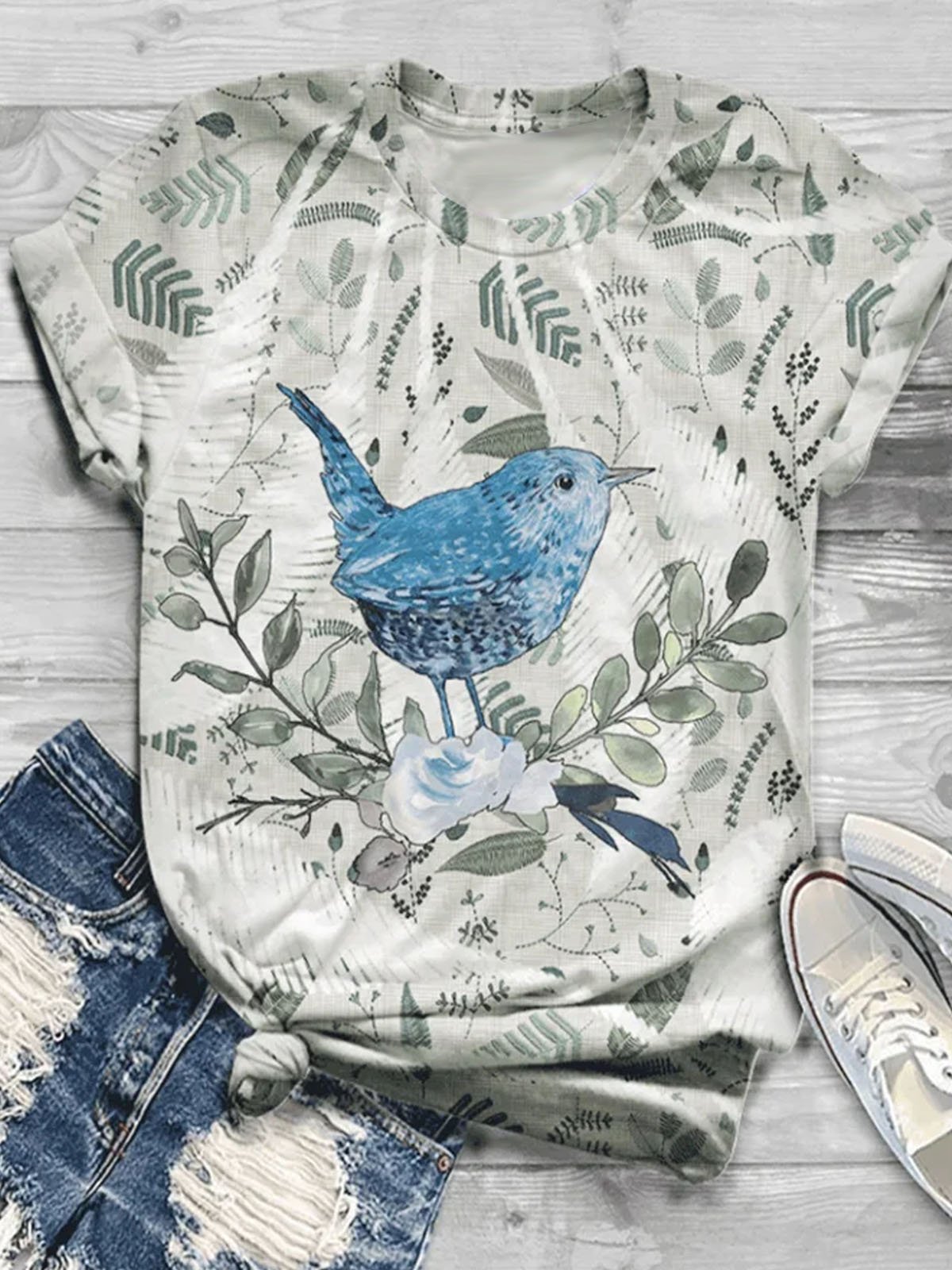 Bird print round neck casual short sleeved T-shirt