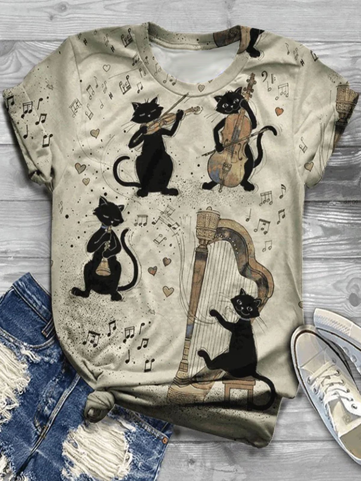 Cat print round neck casual short sleeved T-shirt