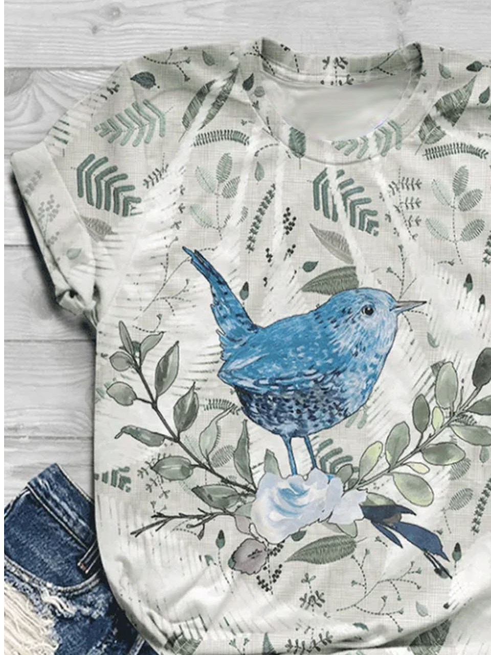 Bird print round neck casual short sleeved T-shirt